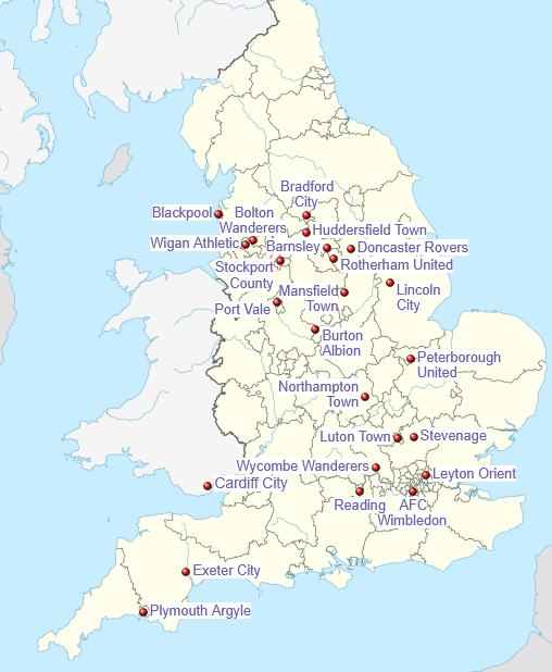 Engleska 3. liga 25/26 mapa klubova