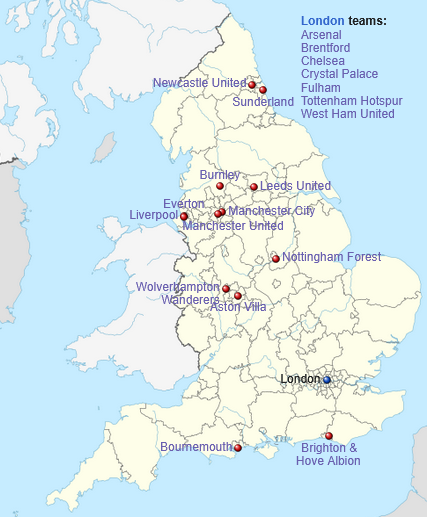 Premijer liga 25/26 mapa klubova